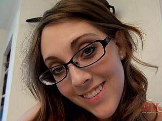 Hot brunette in glasses Nickey Nimrod fingerbangs her wet pussy moaning increased by orgasming