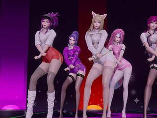 Hot 3D K/DA  Beauties Dance Line Twitting Vigorously Shaking Their Bulky Bobs Coupled with Hips